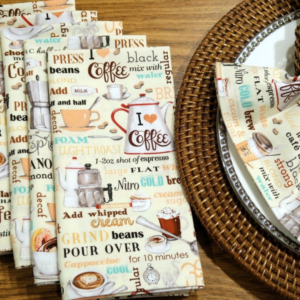 Coffee Cloth Dinner Napkins - Coffee House - Bistro, Cafe, Coffee Bar Decor - Espresso, French Press, Latte - Coffee Lovers Gift Set of 6