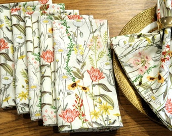 Floral Cloth Dinner Napkins - Vintage Wildflowers - Botanical Sketches Floral Napkins - Spring Kitchen Table Decor - Cotton Fabric Set of 6