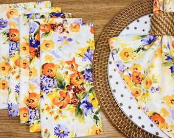 Wildflowers Cloth Dinner Napkins - Watercolor Floral Bouquet - Everyday Napkin - Spring Kitchen Table Decor - Cotton Fabric Set of 6