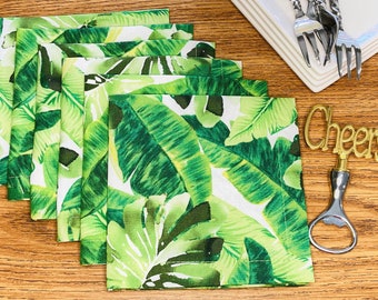 Tropical Leaves Cloth Cocktail Napkins - Palm Leaf, Monstera Foliage Botanic Table Decor - Snack, Tea, Small Lunch Napkin - Cotton Fabric 6