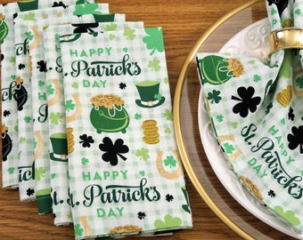 St. Patrick's Day Cloth Dinner Napkins - Shamrocks, Pot of Gold, Horseshoes, Gold Coins, Plaid Lucky Irish Table Decor - Cotton Fabric 6