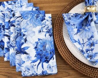 Blue Floral Cloth Dinner Napkins - Large Blue White Floral Table Decor - Hostess, Housewarming, Bridal Shower Gift - Cotton Fabric Set of 6