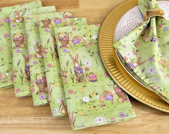 Easter Bunny Cloth Dinner Napkins - Easter Bunny and Flowers - Spring Table Decor - Easter Kitchen Table Linens - Cotton Fabric Set of 6