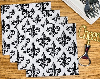 Fleur de Lis Cloth Cocktail Napkins - Black & White French Table Decor - Paris Lovers Gift - Snack, Tea, Lunch Small Napkins Cotton Fabric 4