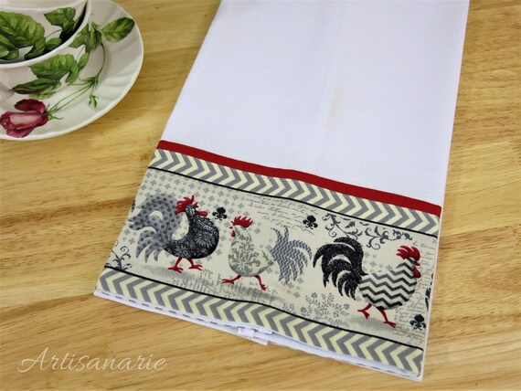 Roosters Chickens Tea Towel Chicken Decor Rooster Decorative Kitchen Hand Towel French Country Decor Trimmed Tea Towel Embellished