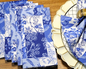 Blue White Cloth Dinner Napkins - Blue & White Floral Patchwork - Floral Kitchen Table Decor - Elegant Cotton Fabric Napkins Set of 6
