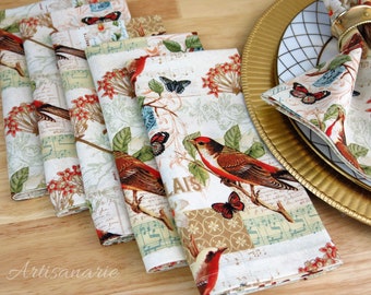 Birds Cloth Dinner Napkins - Birds & Flowers Vintage Collage Napkins - Birds Floral Table Decor - Bird Lovers Gift - Cotton Fabric Set of 6