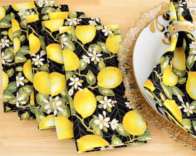 Lemons Cloth Dinner Napkins Lemons on Black Napkins Meyer Lemon Table