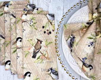 Birds & Berries Cloth Dinner Napkins - Birds on Branches - Bird Lovers, Garden Lovers Gift - Birds Kitchen Decor - Cotton Fabric Set of 6
