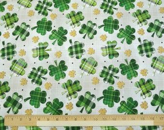 St. Patricks's Day Shamrocks 100% Cotton Quilt Fabric - Tartan Plaid & Gold Metallic Irish Shamrocks Quilting Decor Fabric by the Yard