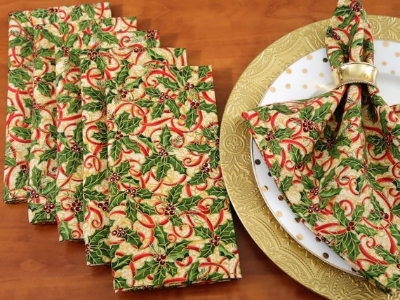 Christmas Cloth Dinner Napkins - Ornaments & Ribbons - Xmas Holiday Table  Decor