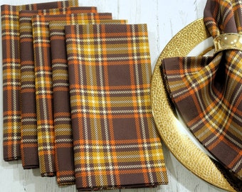 Plaid Cloth Dinner Napkins - Brown, Orange & Yellow Tartan Plaid - Farmhouse, Autumn, Rustic Thanksgiving Table Decor Cotton Fabric Set of 6