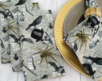 Halloween Cloth Dinner Napkins: Skulls, Bats, Spiders & Ravens - Table Decor Set of 6