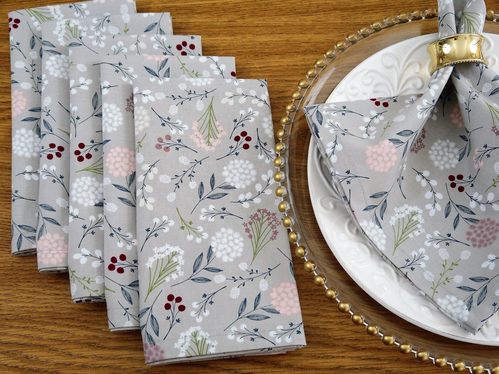 Gray Floral Cloth Dinner Napkins White & Pink Floral on Gray Etsy