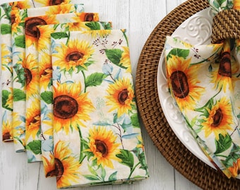 Sunflowers Cloth Dinner Napkins - Sunflowers & Eucalyptus - Yellow Sunflower Kitchen Decor, Fall Autumn Table Decor, Cotton Fabric Set of 6