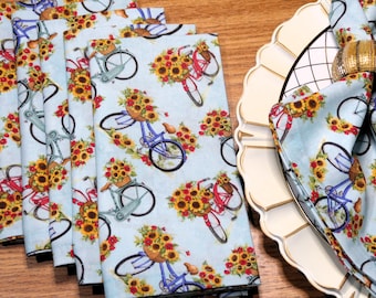 Bicycles Cotton Fabric Cloth Dinner Napkins - Floral Bicycles & Sunflowers - Garden Lover's Spring Kitchen Table Decor Hostess Gift Set of 6