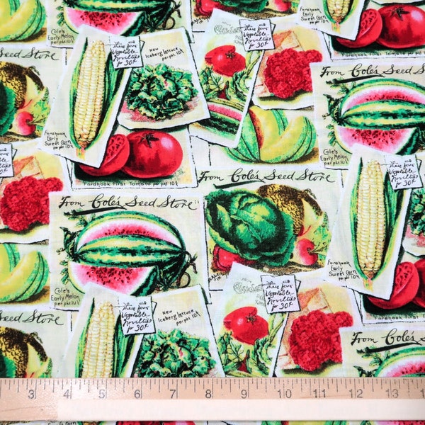 Garden Vegetable Seed Packets 100% Cotton Quilt Fabric - Veggies Gardening, Farmer's Market, Cooking, Food, Kitchen Decor Fabric by the Yard