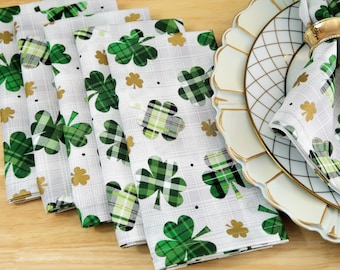 Green Plaid Shamrocks Cloth Dinner Napkins - St. Patrick's Day - Tartan Plaid, Irish Shamrock St. Paddy Table Decor - Cotton Fabric Set of 6