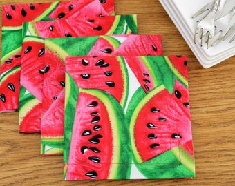 Watermelon Slices Cloth Cocktail Napkins - Watermelon Decor, Summer Picnic Small Napkin, Snack, Dessert Table, Tea, Cotton Fabric Set of 6