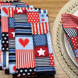 Patriotic Cloth Dinner Napkins: Stars & Stripes Vintage Patchwork - Red, White, Blue Table Decor