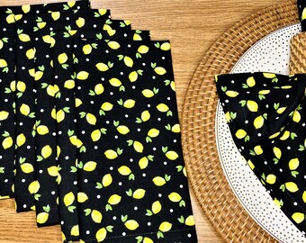 Lemons Cotton Fabric Cloth Dinner Napkins - Mini Lemons on Black - Lemon Table Decor - Citrus Fruit Kitchen Decor - Set of 6