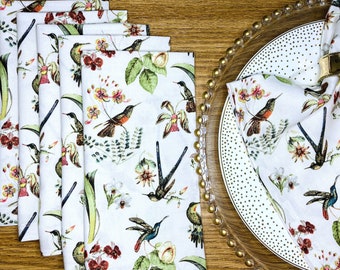 Birds Cloth Dinner Napkins - Hummingbirds & Orchids - Floral Botanical Garden Spring Table Decor - Bird Lovers Gift - Cotton Fabric Set of 4