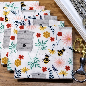 Bees Cloth Lunch Napkins - Honey Bees, Beehive Floral, Honeybee Spring Garden Table Decor, Cocktail Small Napkins - Cotton Fabric Set of 6