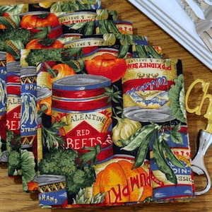 Vegetable Cloth Cocktail Napkins - Canned Veggies - Garden Lover&#39;s Gift, Farmers Market Decor, Lunch, Small Napkins - Cotton Fabric Set of 6