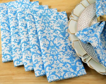 Cotton Fabric Cloth Dinner Napkins - Blue & White Table Decor Sky Blue Floral Medallions - Elegant Everyday Napkins, Hostess Gift - Set of 6