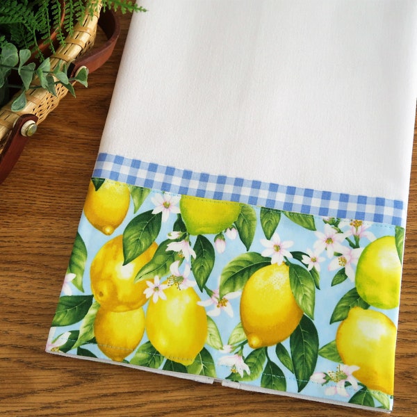 Lemon Tea Towel - Lemon Kitchen Decor - Lemon Decorative Embellished Towel - Lemon Print Trimmed Hand Towel - Meyer Lemon Flour Sack Towel