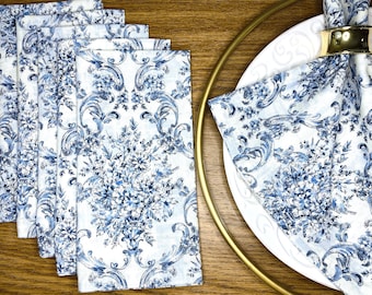 Blue White Damask Cotton Fabric Cloth Dinner Napkins - Blue White Floral Table Decor - Antique Blue Victorian Decor - Hostess Gift Set of 6