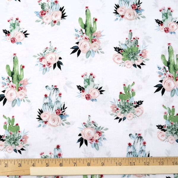 Floral Cactus Bouquets 100% Cotton Quilt Fabric - Flowering Cacti, Gardening, Succulents, Botanical Home Decor Apparel Fabric by the Yard