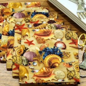 Seashells Cloth Lunch Napkins - Corals, Beach House, Nautical, Maritime Coastal Table Decor, Cocktail Small Napkins - Cotton Fabric Set of 6