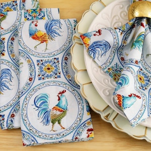 Roosters Cotton Fabric Cloth Dinner Napkins - French Country Mosaic Tile Roosters - Vintage Farmhouse Table Decor French Country Kitchen 6