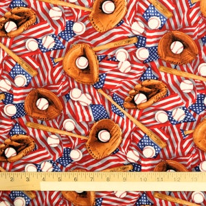 Elizabeths Studio 100% Cotton Quilting Fabric - Baseball Bats, Balls & Gloves - American Flag All Star Sports Craft Decor Fabric by the Yard