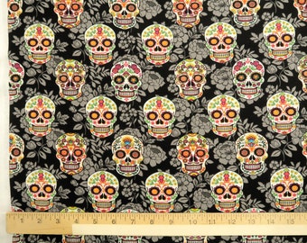 Sugar Skulls 100% Cotton Quilting Fabric - Decorative Sugar Skulls, Floral Skulls on Black - Craft, Home Decor, Apparel Fabric by the Yard