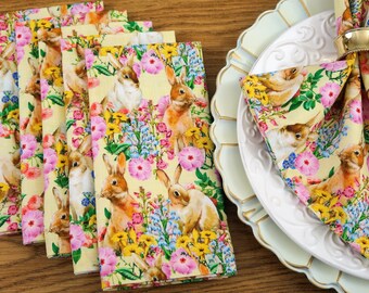 Easter Bunny Cloth Dinner Napkins - Spring Floral Easter Bunnies - Spring, Easter Floral Table, Kitchen Decor, Cotton Fabric Set of 6