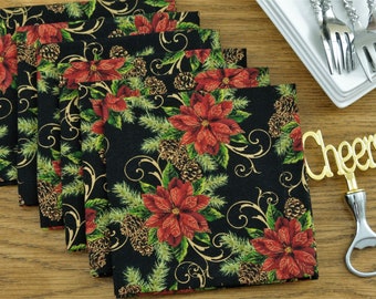 Christmas Poinsettia Cloth Cocktail Napkins - Red Poinsettias & Pine Cones - Winter Table Decor, Tea, Snack Small Napkins, Cotton Fabric 6