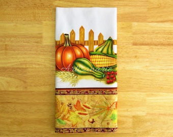 Thanksgiving Kitchen Towel - Pumpkin, Corn & Gourds - Fall Harvest Hand Towel - Farmhouse Kitchen Decor - Hand Painted Decorative Tea Towel