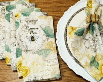 Bees Cloth Dinner Napkins - Queen Bee & Roses - Bee Floral Napkins - Honeybee Spring Table Decor - Garden Lover Gift, Cotton Fabric Set of 6