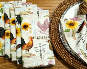 Chicken Cotton Fabric Cloth Dinner Napkins - Chickens & Sunflowers Farmers Market - Rustic Farmhouse Floral Chicken Table Decor Set of 6
