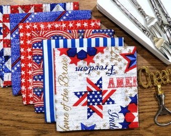July 4th Cloth Lunch Napkins: Stars & Stripes, Red, White, Blue Variety - Set of 6