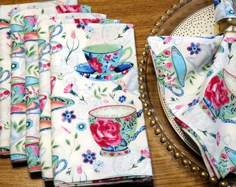 Cotton Fabric Cloth Dinner Napkins - Floral Tea Cups - Brunch Garden Party Romantic Cottage Tea Time, Valentines Day Table Decor - Set of 4