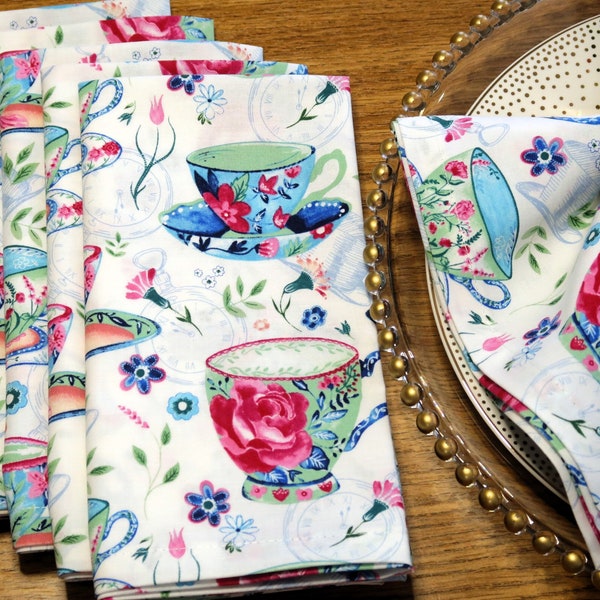 Cotton Fabric Cloth Dinner Napkins - Floral Tea Cups - Brunch Garden Party Romantic Cottage Tea Time, Valentines Day Table Decor - Set of 4