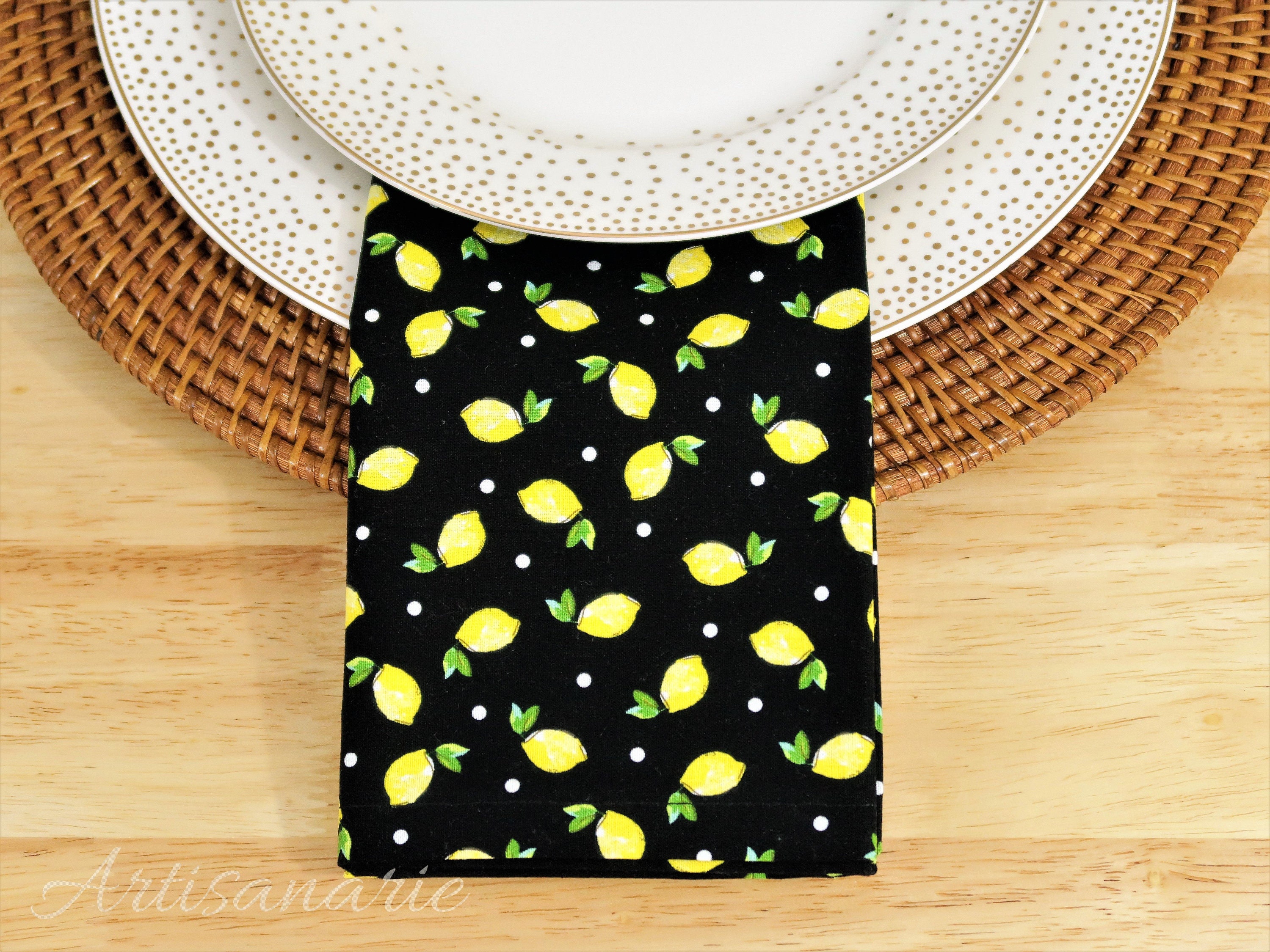 Lemons on Black Cloth Dinner Napkins Tiny Lemons Fabric Etsy