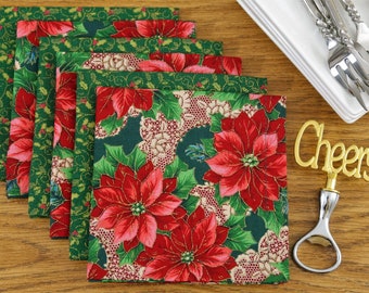 Christmas Poinsettia Cloth Cocktail Napkins - Red Poinsettias, Holly & Lace - Winter Table Decor, Tea, Snack Small Napkins, Cotton Fabric 6