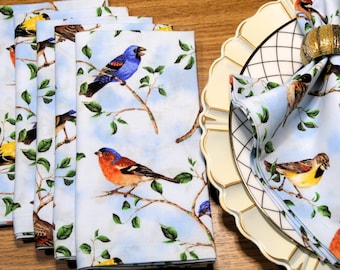 Birds Cotton Fabric Cloth Dinner Napkins - Songbirds, Nature, Wildlife, Garden, Spring Birds Table Decor - Bird Lovers Gift - Set of 6