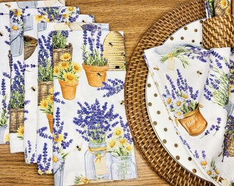 Lavender Cloth Dinner Napkins - Floral Garden, Bees, Honeycomb, Baskets & Mason Jars Spring Kitchen Table Decor - Cotton Fabric Set of 6