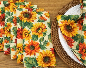 Sunflowers Cloth Dinner Napkins - Sunflower Kitchen Decor - Orange, Yellow Sunflowers Fall Thanksgiving Table Decor - Cotton Fabric Set of 6