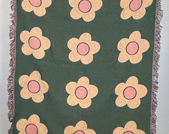 Retro Flower Woven Throw Blanket, Floral Pattern, 60's 70's Groovy Blanket Tapestry, Cotton Sofa Throw, Wall Tapestry, Bedroom Decor, Green